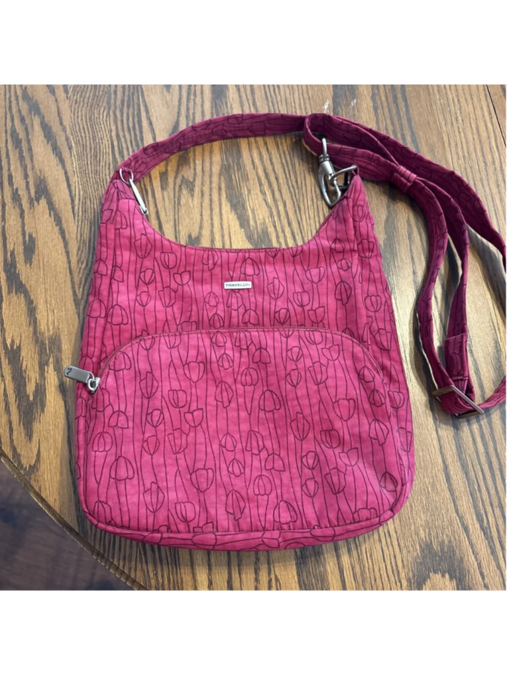 Travelon Pink With Floral Design Medium Purse Crossbody Bag Size Preowned